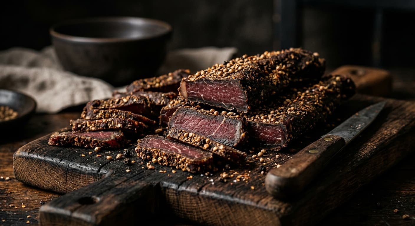 Hand-slicing a stick of Noble & Co biltong on a slate board